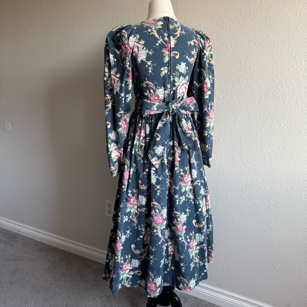 Vintage 1980s Laura Ashley Floral Midi Dress in Slate Blue with Pink Roses
